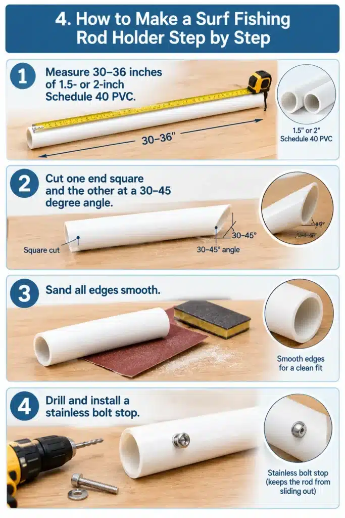 How to Make Surf Fishing Rod Holder - Easy DIY Guide 2 DIY PVC surf fishing rod holder cutting and assembly infographic