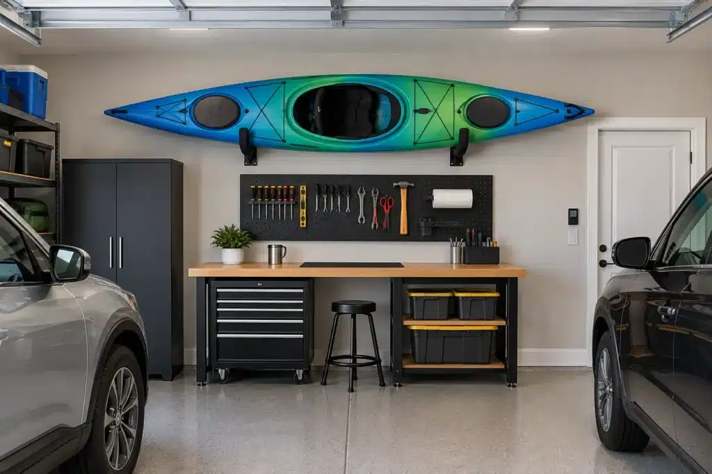 How to Store a Kayak in a Garage: 10 Easy Tips 1 Kayak stored on a wall rack in a garage.