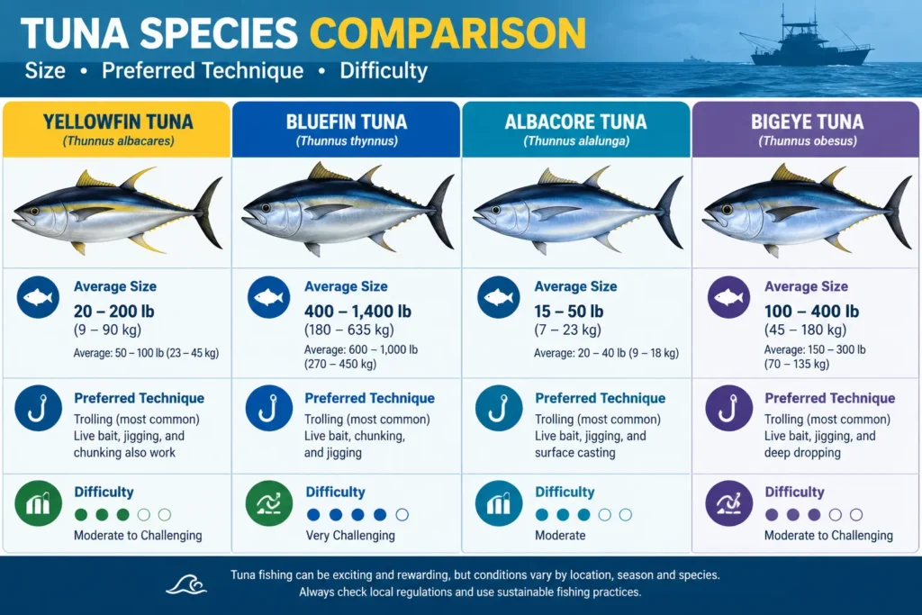 Tuna Fishing 101 - Best Tips, Techniques & Gear 1 Tuna species comparison showing yellowfin, bluefin, albacore, and bigeye tuna sizes, fishing techniques, and difficulty levels.