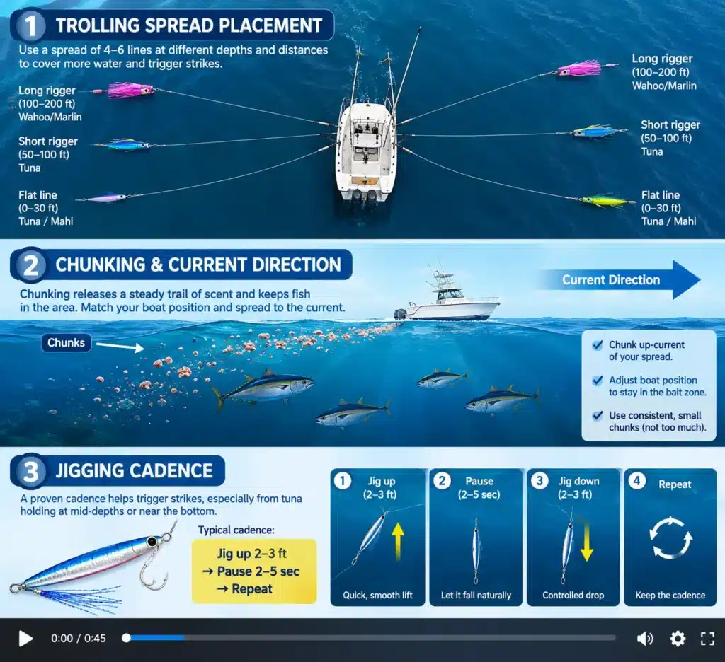 Tuna Fishing 101 - Best Tips, Techniques & Gear 2 illustrating trolling spread placement, chunking with current direction, and jigging cadence in three easy-to-follow sections.