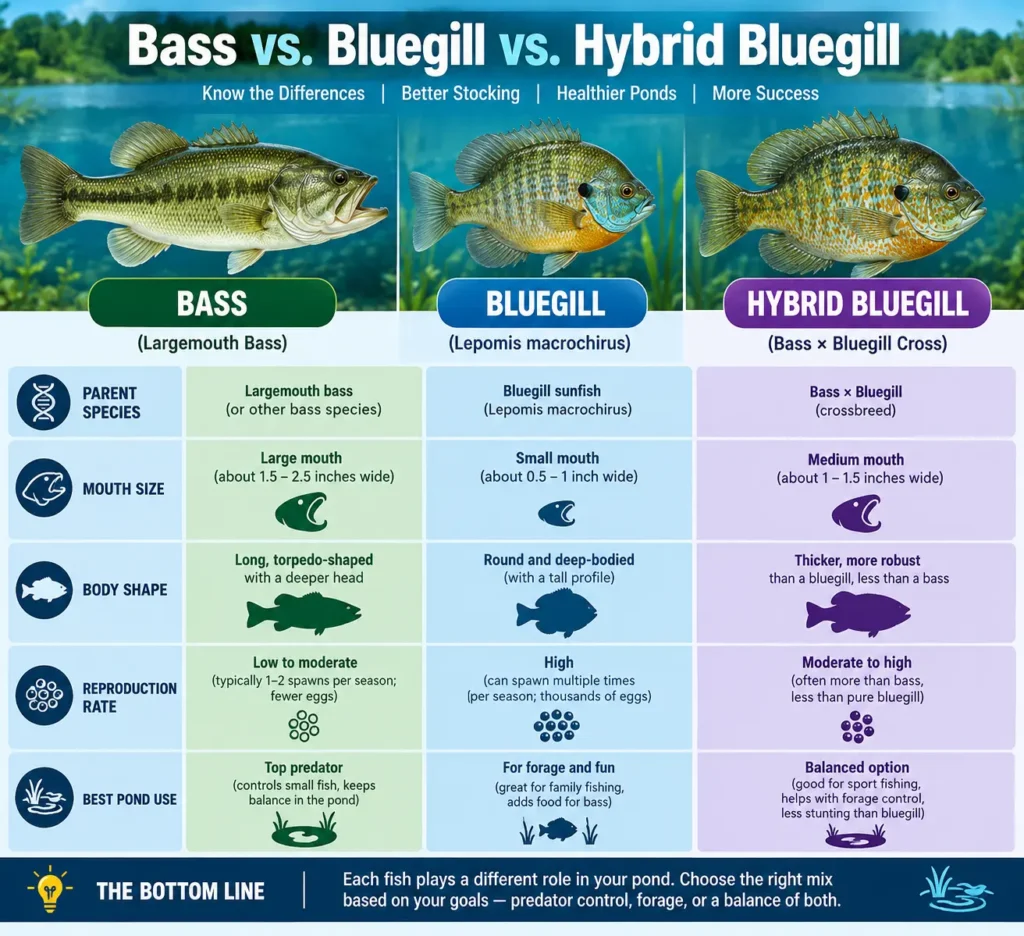 Hybrid Bass Bluegill - Can Bass and Bluegill Mate? 1 Bass vs. Bluegill vs. Hybrid Bluegill,” showing parent species, mouth size, body shape, reproduction rate, and best pond use