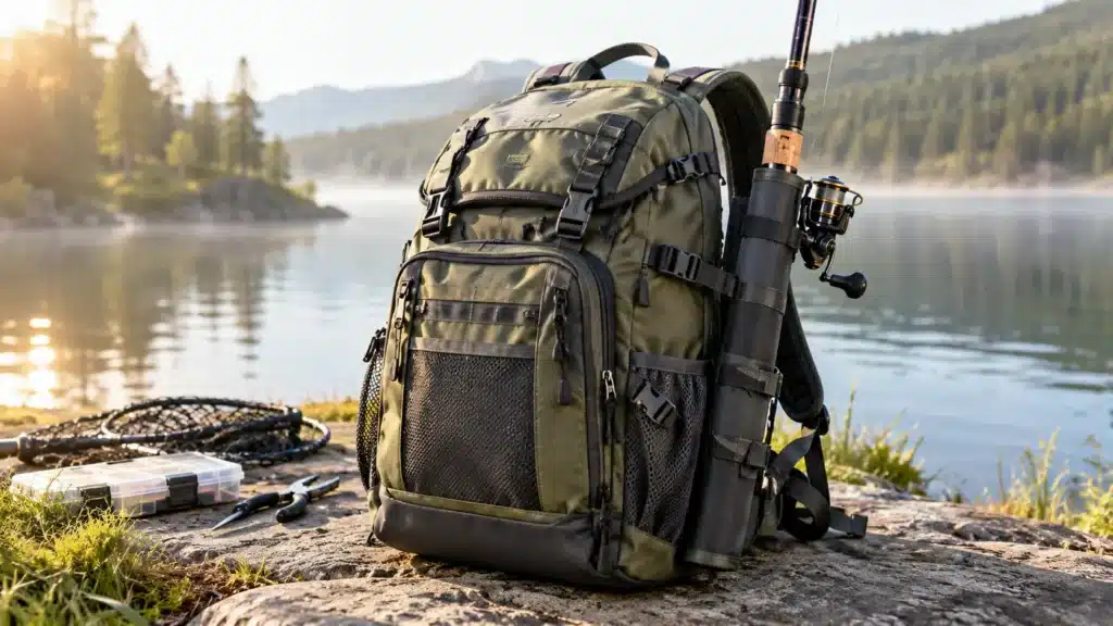 a modern fishing backpack with rod holder, set in an outdoor fishing environment.