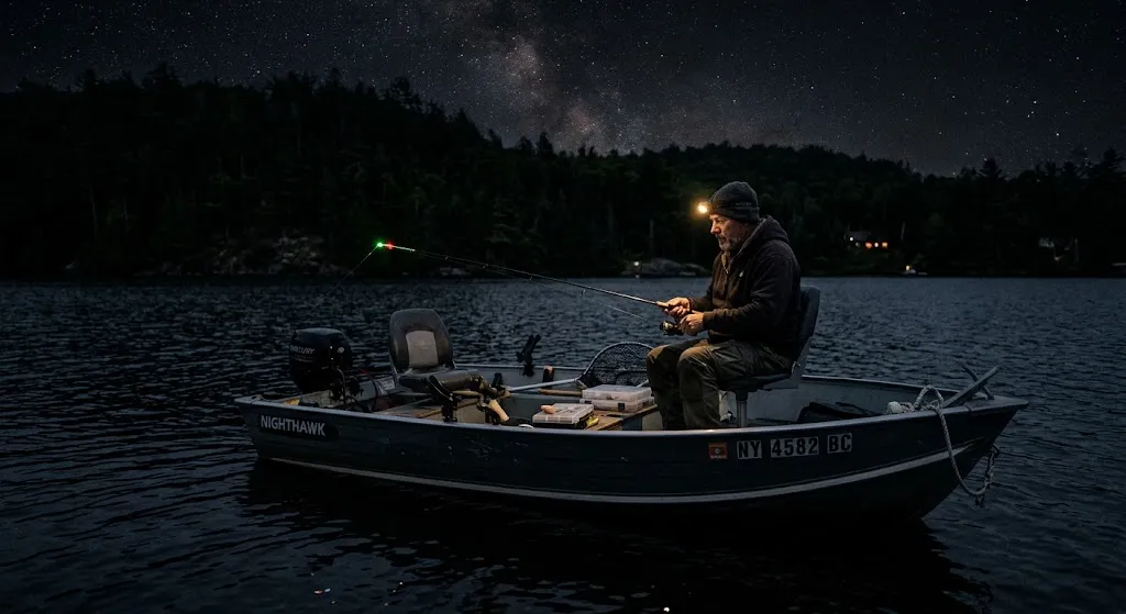 Is New Moon Good for Fishing? Tips for Better Catches 1 Angler fishing from a boat at night during a new moon, with dark water and low light