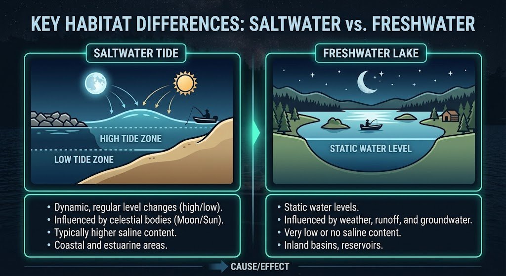 Is New Moon Good for Fishing? Tips for Better Catches 3 Comparison graphic showing new moon effects on saltwater tides and freshwater lakes