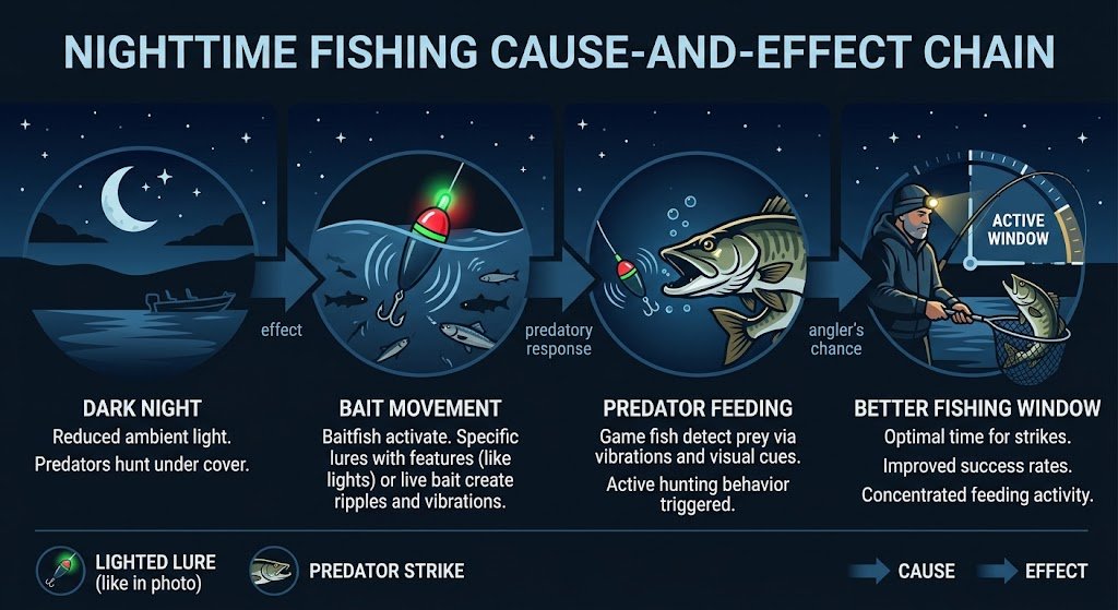 Is New Moon Good for Fishing? Tips for Better Catches 2 Infographic showing how a new moon affects fish behavior through darkness, bait movement, and feeding windows
