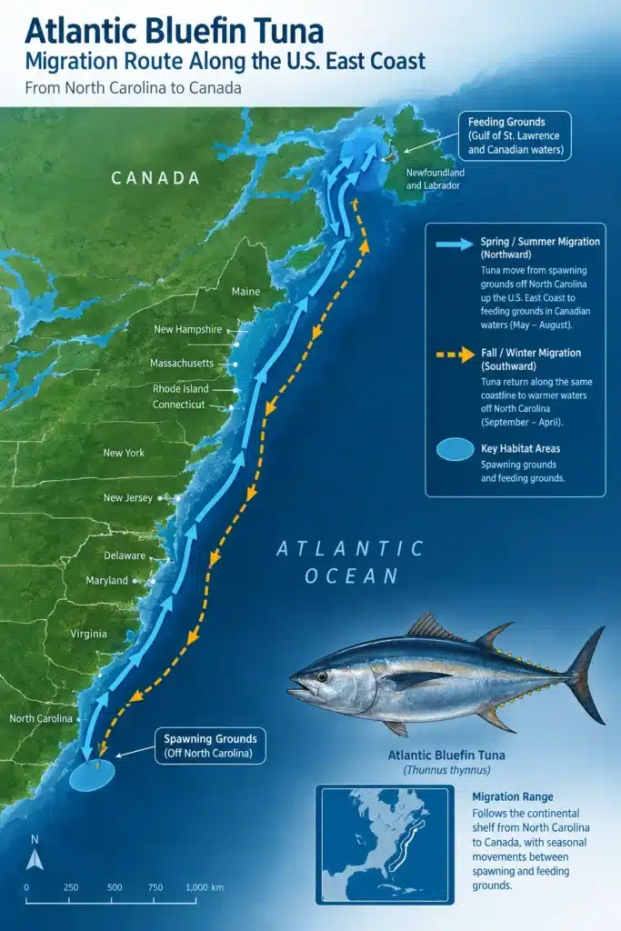 Tuna Fishing Season - Best Months, Locations & Techniques 3 Map Diagram Migration route of Atlantic Bluefin Tuna along the North