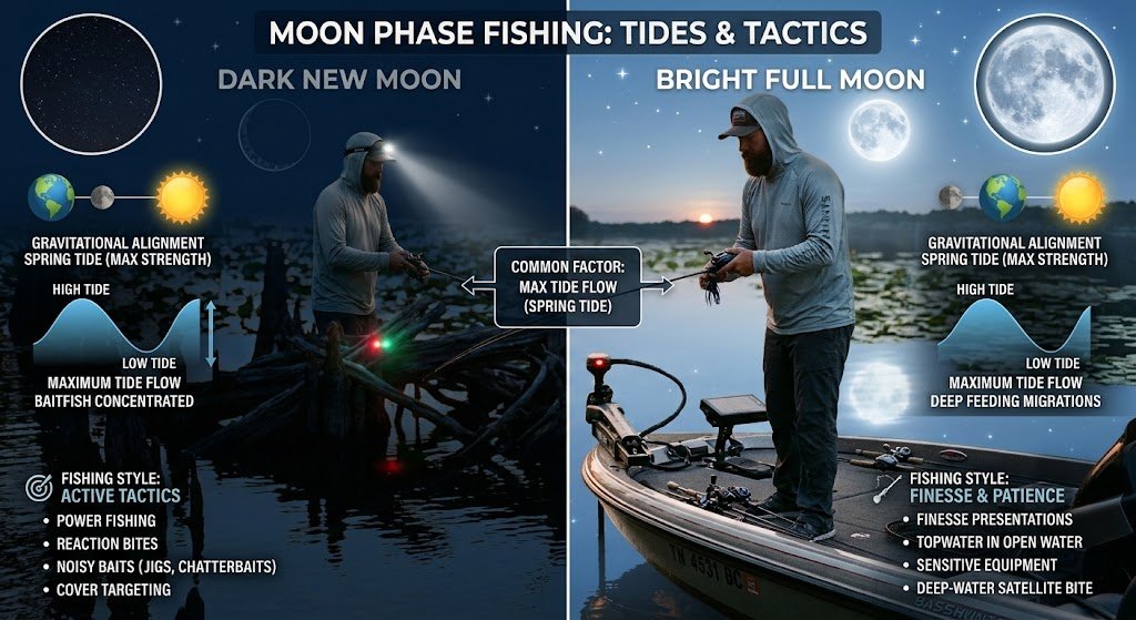 Is New Moon Good for Fishing? Tips for Better Catches 6 Side by side graphic comparing new moon and full moon fishing conditions, tides, and night visibility