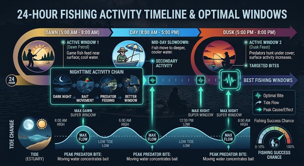 Is New Moon Good for Fishing? Tips for Better Catches 4 Timeline infographic showing the best times to fish during a new moon, including dawn, dusk, night, and tide changes