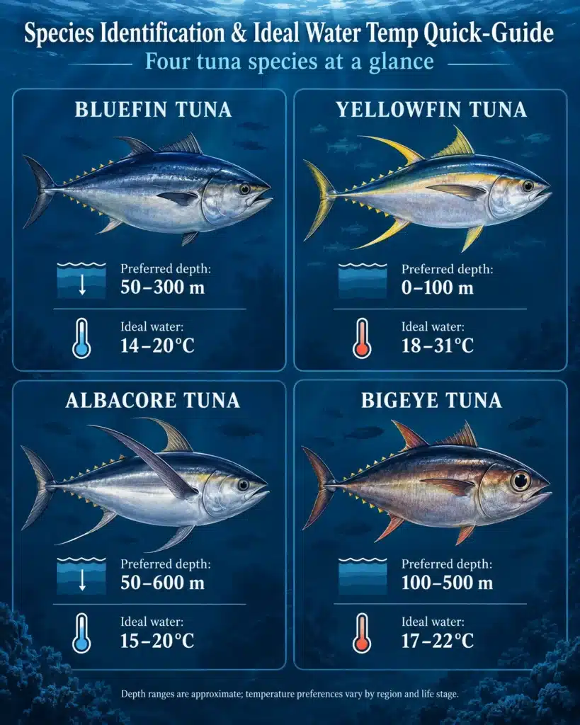 Tuna Fishing Season - Best Months, Locations & Techniques 2 tuna fish species identification ideal water temp