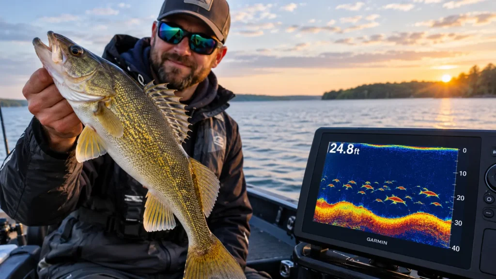 Angler holding a summer walleye next to a fish finder showing walleye marked between 20 and 30 feet deep