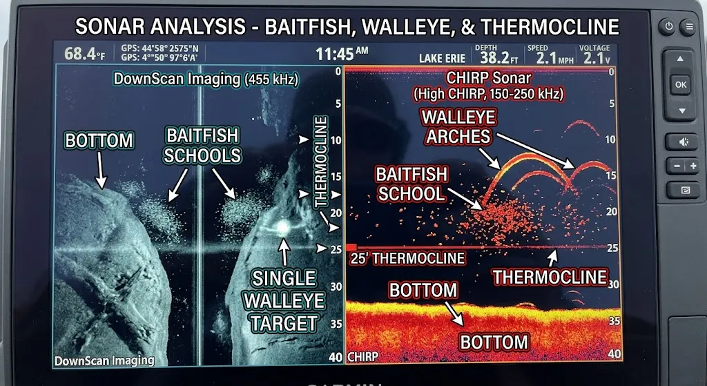 How Deep Do Walleye Go in Summer? (Depths & Tips) 3 Annotated fish finder screenshot showing walleye arches, baitfish school, lake bottom, and thermocline during summer