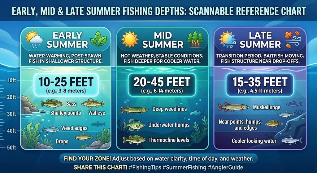 How Deep Do Walleye Go in Summer? (Depths & Tips) 1 Infographic showing typical summer walleye depths by season, from 10 to 20 feet in early summer to 20 to 40 feet in late summer