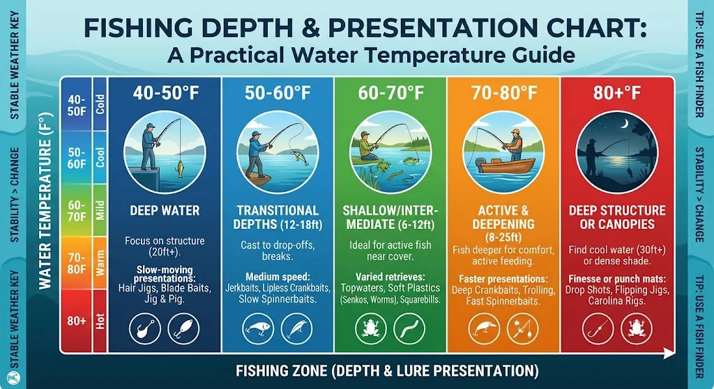 How Deep Do Walleye Go in Summer? (Depths & Tips) 2 Walleye trolling depth chart showing recommended depths by summer water temperature and suggested presentations