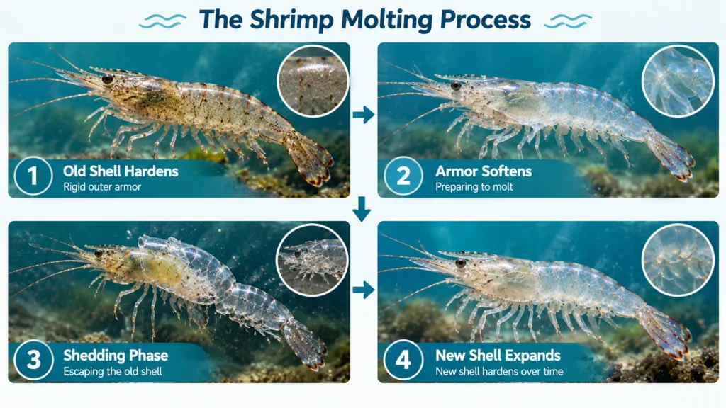 Does Shrimp Have Fins and Scales? Are they Still Unclean 2 Four stage diagram illustrating shrimp molting, from the old hard exoskeleton through shedding to expansion and hardening of the new shell