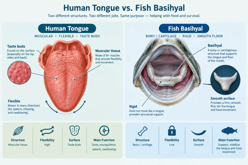 Do Fish Have Tongues? How They Work and What They Do 1 Infographic comparing human tongue vs fish tongue anatomy