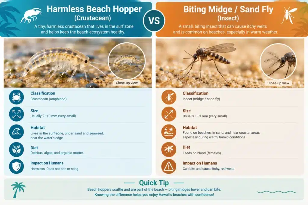 Are There Sand Fleas in Hawaii? Risks, and How to Stay Safe 1 Comparison between harmless Hawaiian beach hoppers and biting beach insects