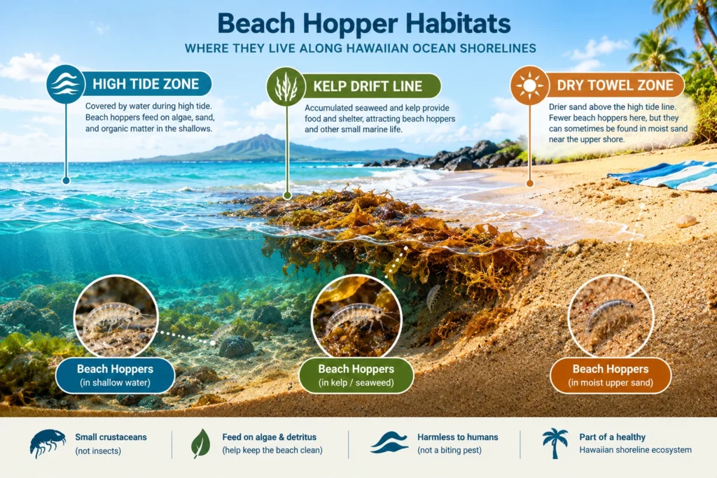 Are There Sand Fleas in Hawaii? Risks, and How to Stay Safe 4 Diagram showing beach hopper habitats along Hawaiian ocean shorelines