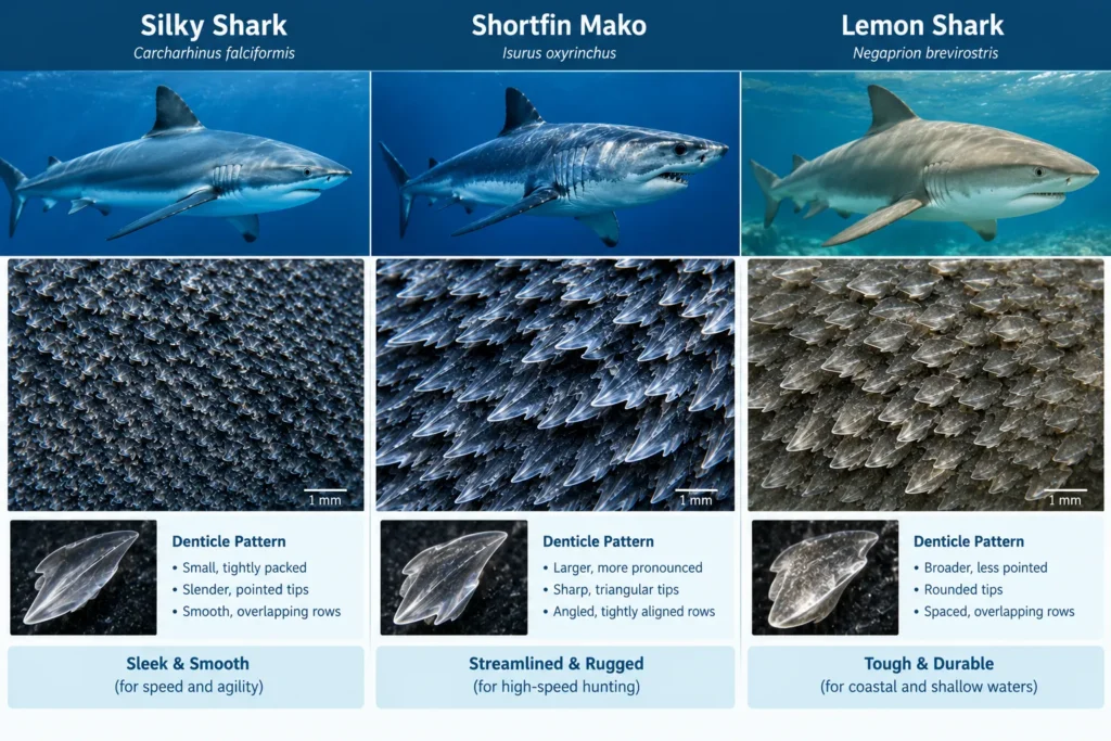 Do Sharks Have Scales or Skin? (A Closer Look) 4 A comparison grid showing denticle patterns from three shark species, such as a silky shark, shortfin mako, and lemon shark