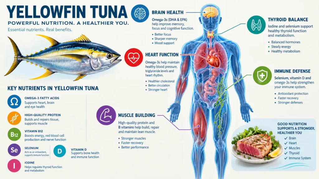 Is Yellowfin Tuna Good for You? Health Benefits & Risks 2 An illustrated anatomical body map graphic highlighting how yellowfin tuna nutrients support brain health, heart function, muscle building, thyroid balance, and immune defense