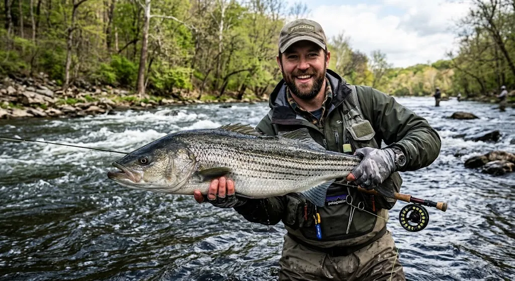 When Do Striped Bass Spawn? Best Times by Region 1 Angler holding a large striped bass in a spring river during the striped bass spawning run