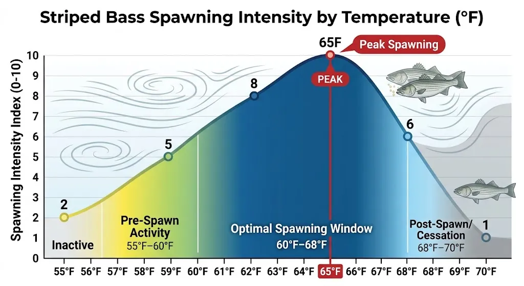 When Do Striped Bass Spawn? Best Times by Region 2 Chart showing striped bass spawning temperature from 55 to 70 degrees Fahrenheit, with peak spawning near 65 degrees
