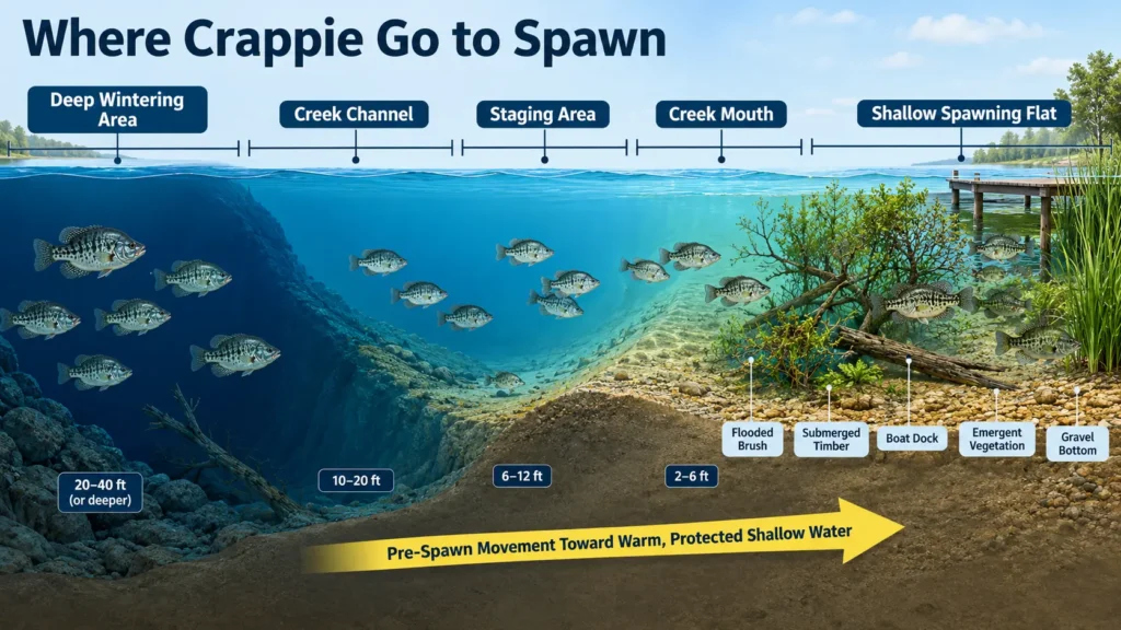 When Do Crappie Spawn? Best Time, Water Temp & Tips 4 Diagram showing crappie moving from deep water to shallow spawning areas near brush and vegetation