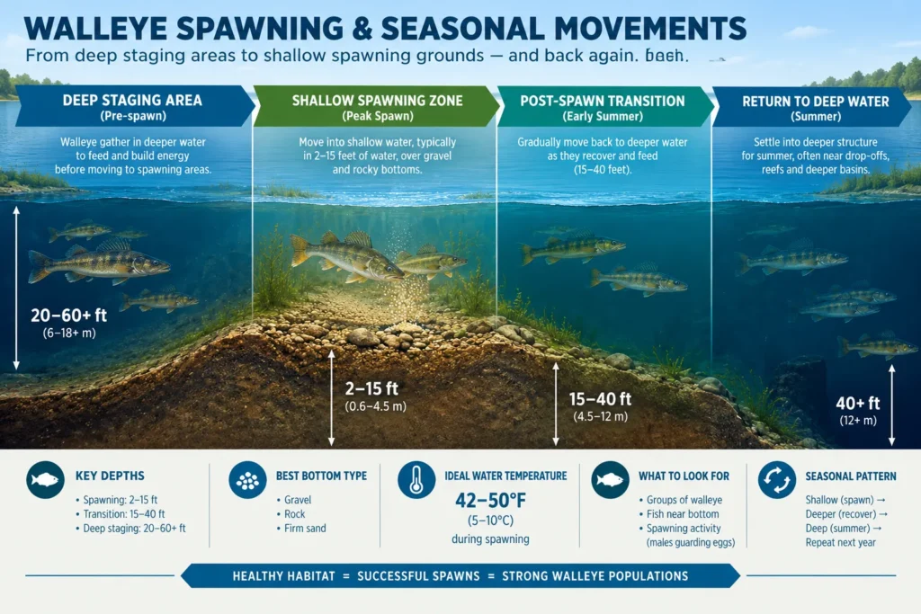 When Do Walleye Spawn? Best Time, Water Temps & Locations 3 Diagram showing walleye spawning depth, staging areas, and post spawn transition zones.