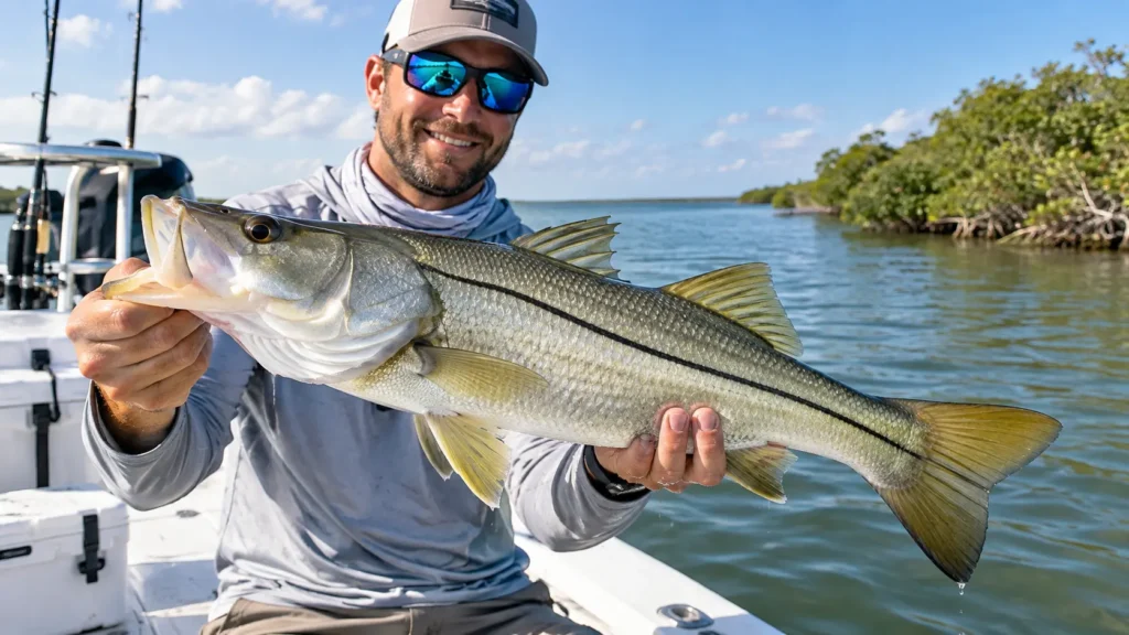 Is Snook Good to Eat? Taste, Texture, and Best Cooking Tips 1 Freshly caught common snook held by an angler on a Florida inshore fishing boat