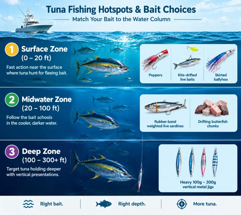 What Bait to Use for Yellowfin Tuna? (9 Proven Options) 4 Infographic chart showing yellowfin tuna bait choices by water column depth from surface to deep water