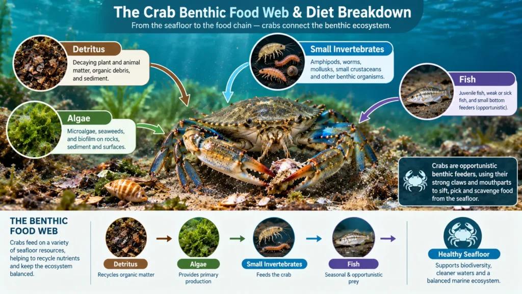 Are Crabs Bottom Feeders? What They Eat and Why It Matters 2 Infographic illustrating the crab benthic food web, showing how crabs eat detritus, small invertebrates, algae, and fish on the ocean floor.
