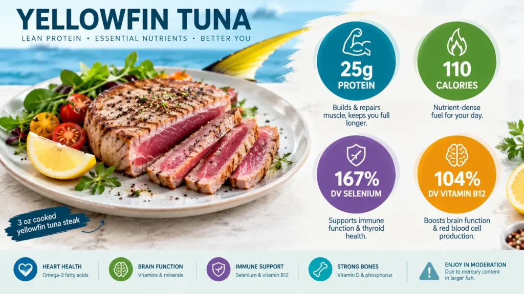 Is Yellowfin Tuna Good for You? Health Benefits & Risks 1 Infographic showing a 3 oz cooked yellowfin tuna steak next to major nutritional callouts 25g Protein, 110 Calories, 167% DV Selenium, and 104% DV Vitamin B12