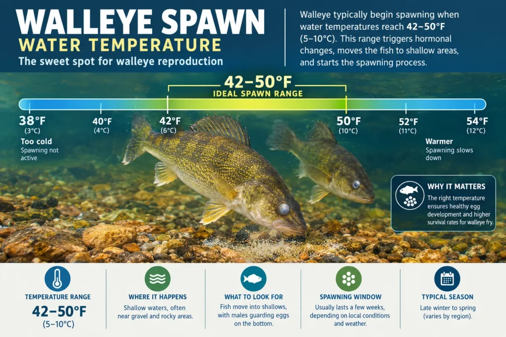When Do Walleye Spawn? Best Time, Water Temps & Locations 2 Infographic showing walleye spawn water temperature from 38 to 50 degrees Fahrenheit