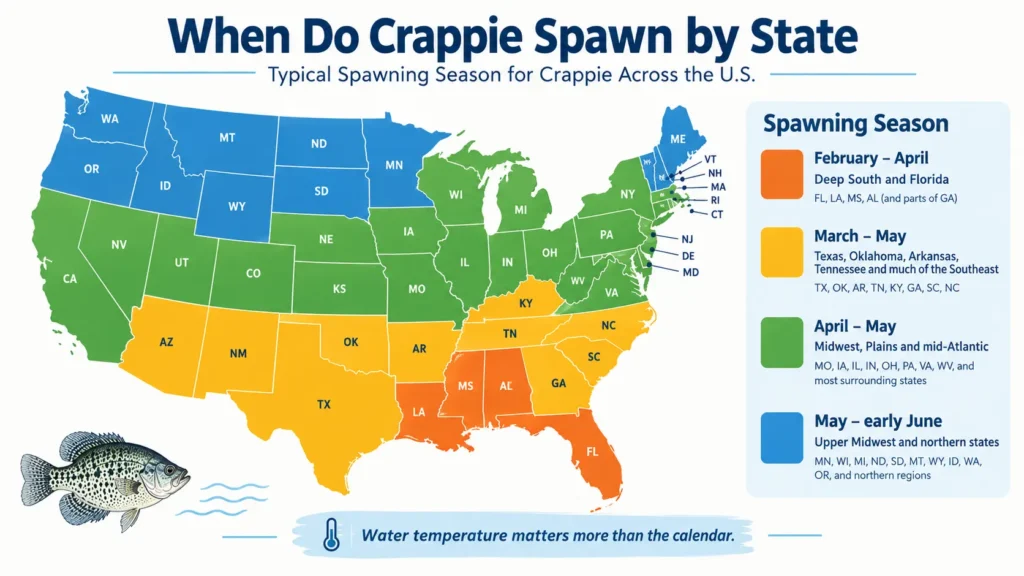 When Do Crappie Spawn? Best Time, Water Temp & Tips 3 Map of United States showing typical crappie spawning season by state