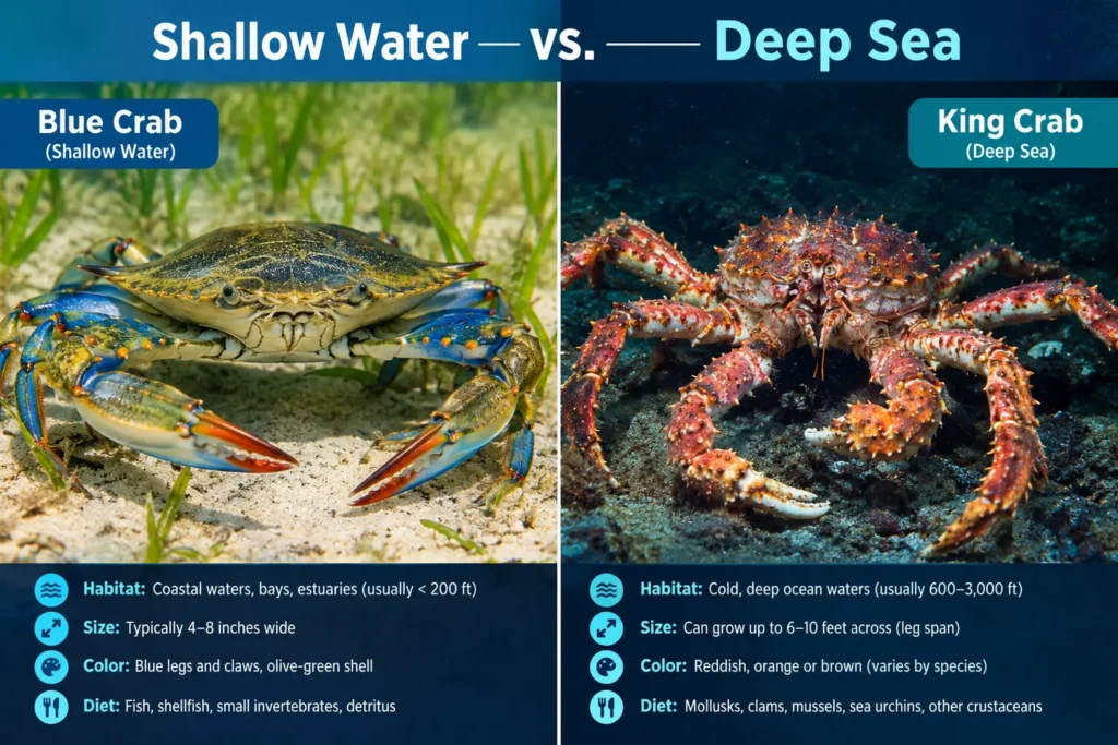 Are Crabs Bottom Feeders? What They Eat and Why It Matters 3 Side by side comparison of a shallow water blue crab and a deep water king crab resting on the ocean floor.
