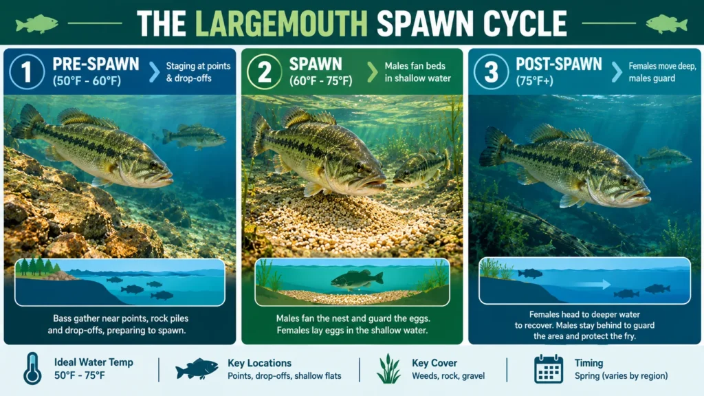 When Do Largemouth Bass Spawn? Timing, Temps & Tips 2 THE LARGEMOUTH SPAWN CYCLE