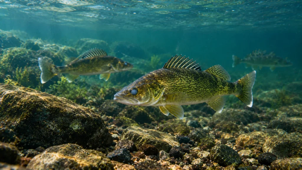 When Do Walleye Spawn? Best Time, Water Temps & Locations 1 Walleye swimming over a rocky lake bottom during spring spawning season