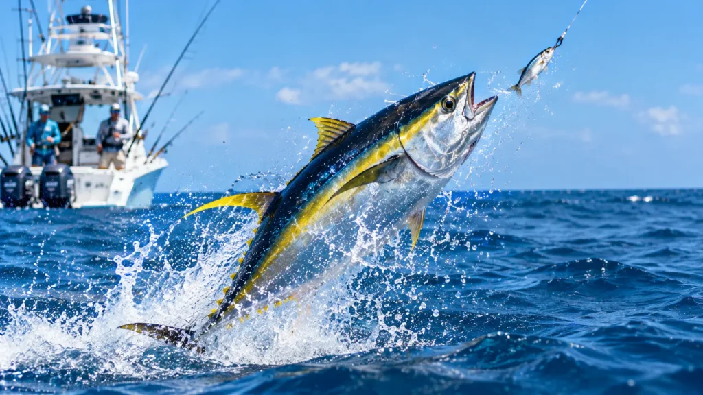 What Bait to Use for Yellowfin Tuna? (9 Proven Options) 1 Yellowfin tuna striking a live bait fish near the surface on an offshore charter boat