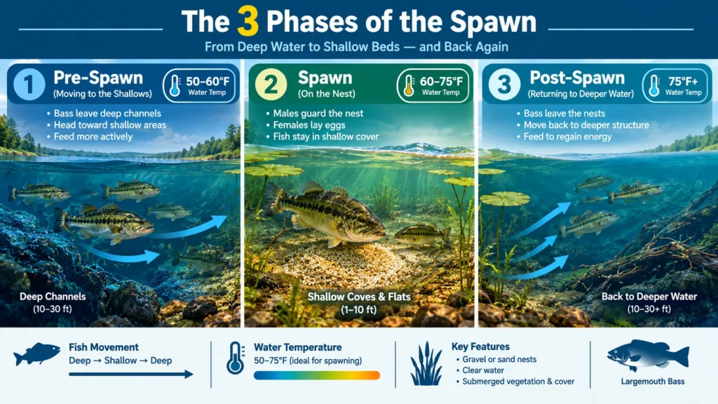 When Do Largemouth Bass Spawn? Timing, Temps & Tips 1 dynamic infographic showing the 3 Phases of the Spawn (Pre-Spawn $\rightarrow$ Spawn $\rightarrow$ Post-Spawn) with water temp gauges (50-60°F, 60-75°F, 75°F+) and fish movement vectors moving from deep channels to shallow coves.