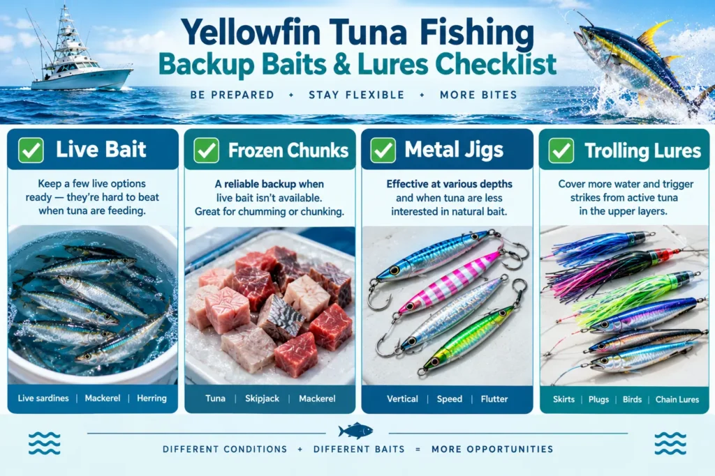 What Bait to Use for Yellowfin Tuna? (9 Proven Options) 3 Offshore fishing bait station with livewell, frozen butterfish chunks, cedar plugs, and skirted ballyhoo for yellowfin tuna